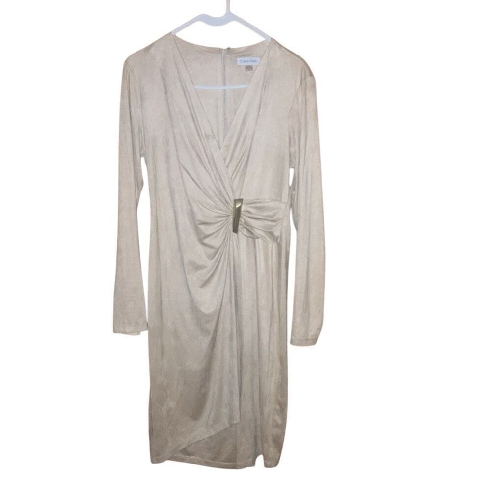 Calvin Klein v-neck long-sleeved faux wrap dress in a light beige 10 #759